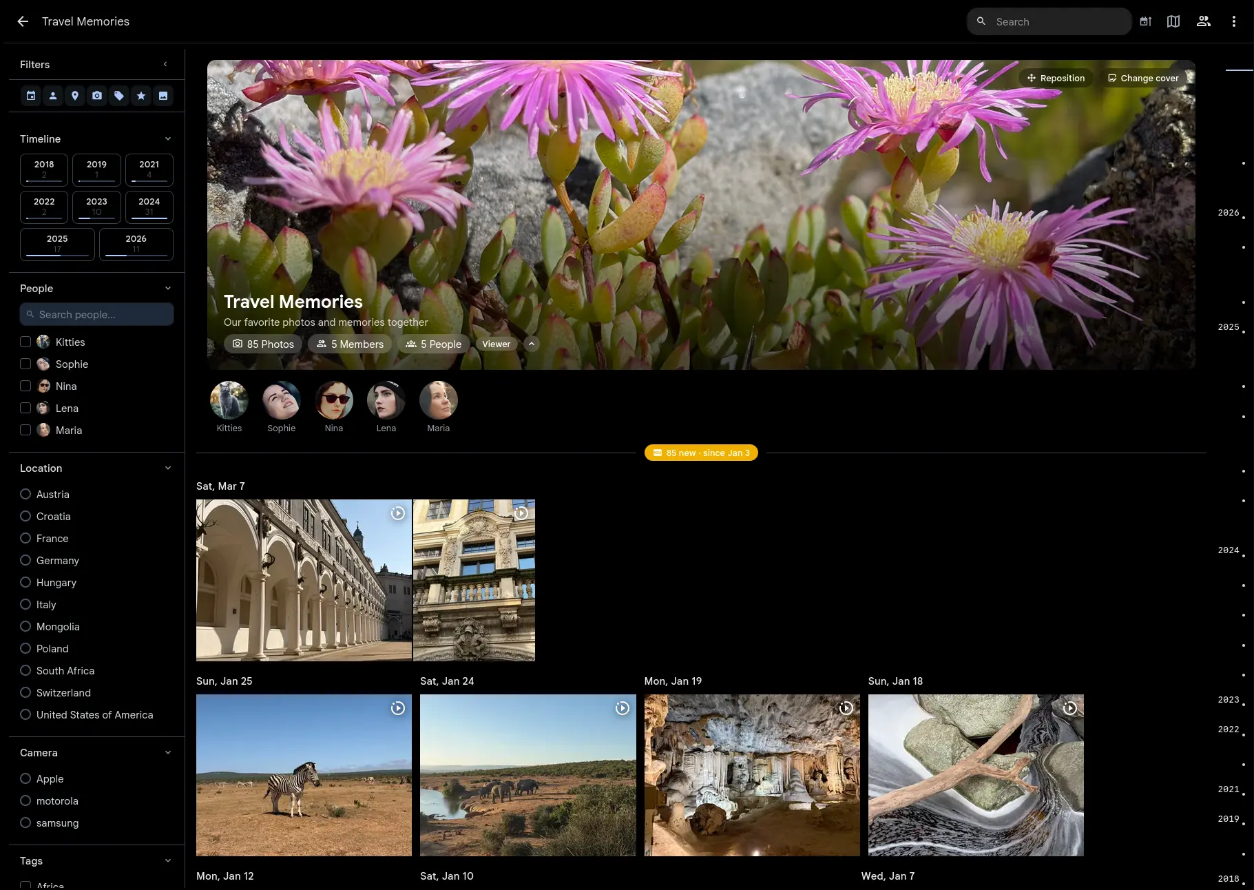Photos page with filter panel showing Germany selected, narrowing people, cameras, tags, and ratings to only matching values