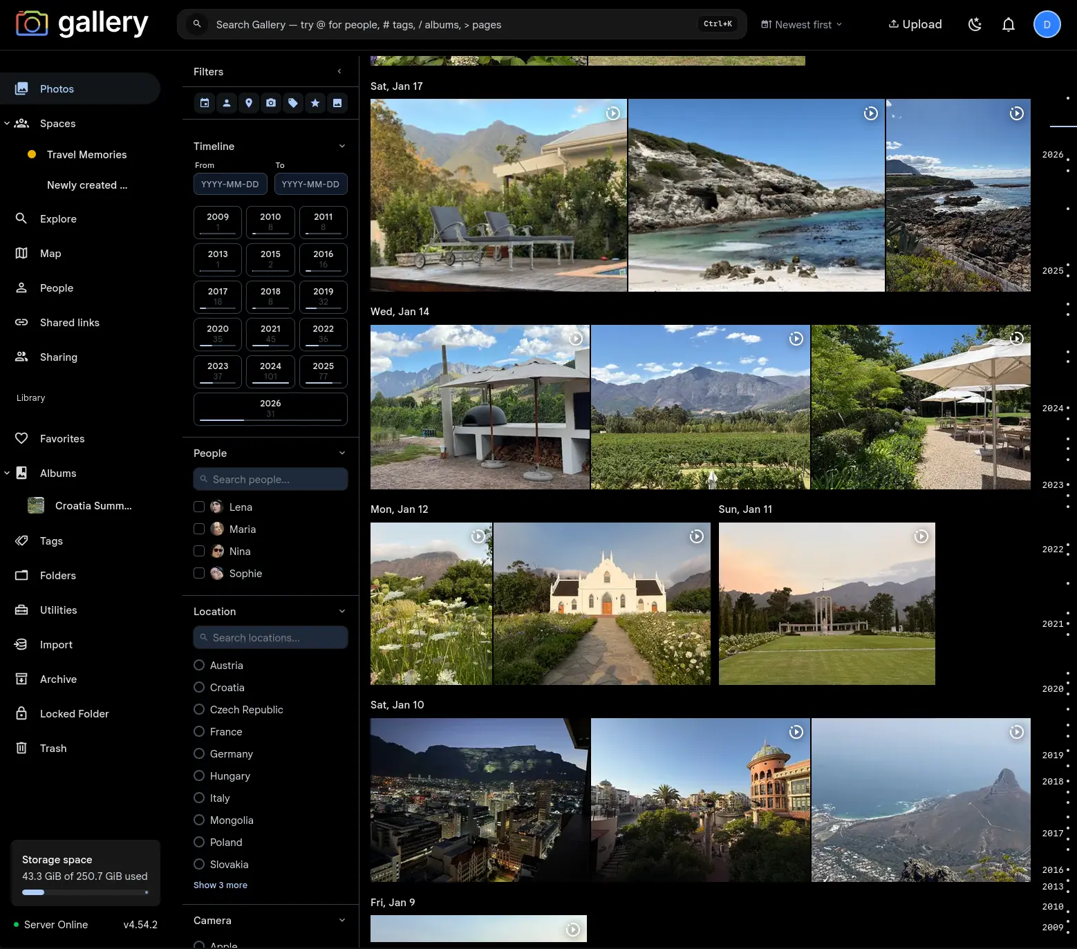 Noodle Gallery photo timeline with filters, shared spaces, search, and storage status