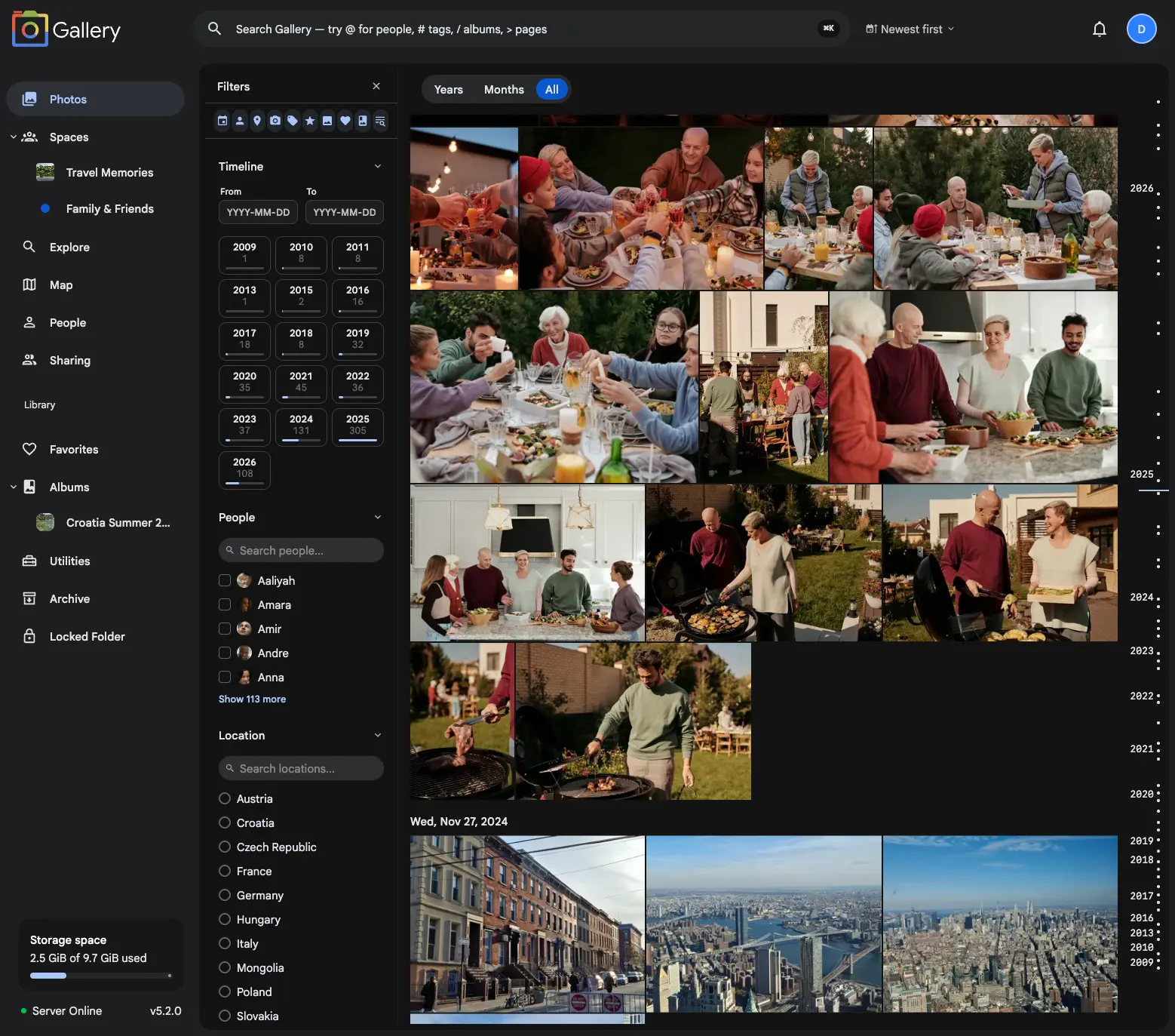 Noodle Gallery photo timeline with filters, shared spaces, search, and storage status