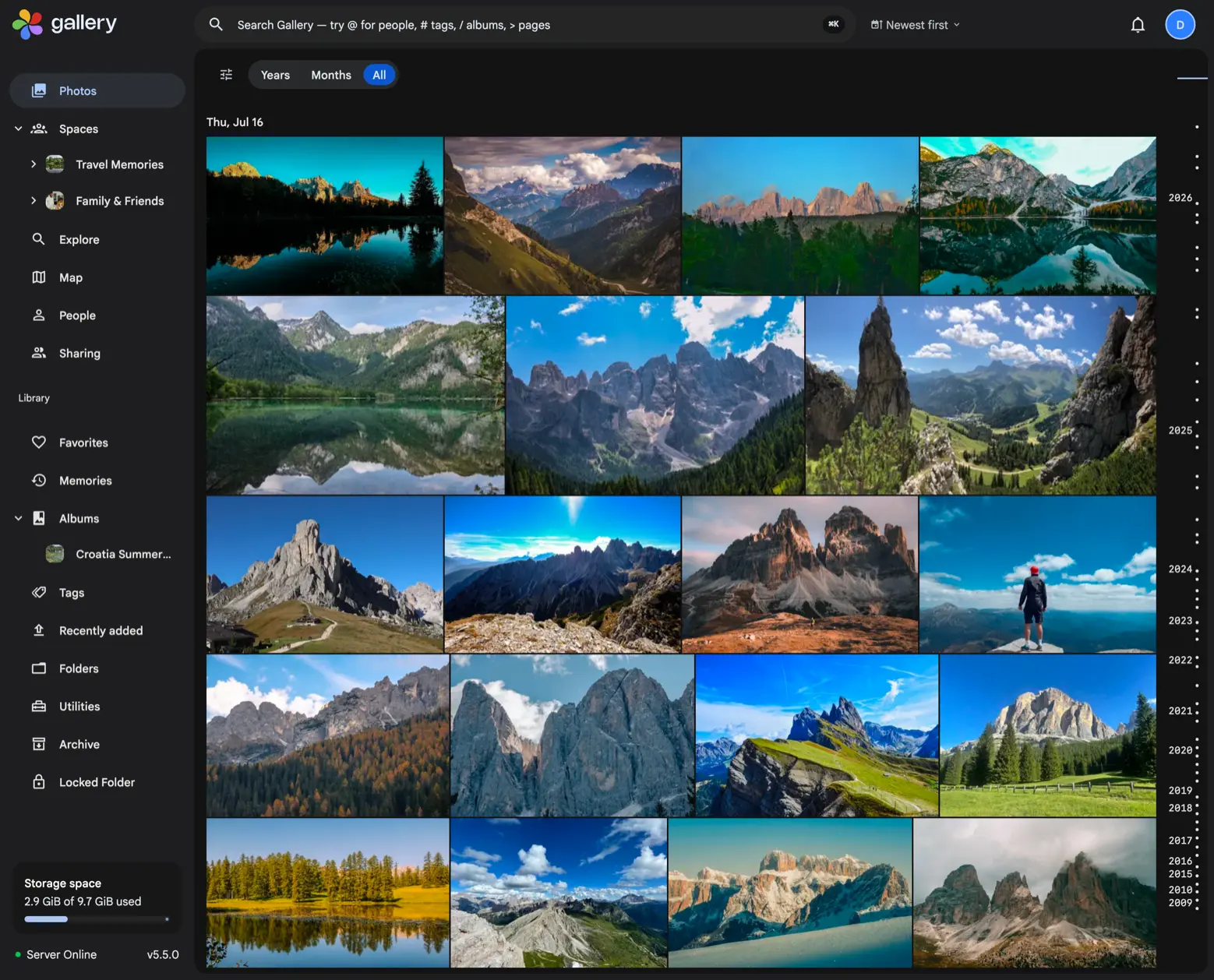 Noodle Gallery timeline of a mountain trip, showing Shared Spaces, search and storage status