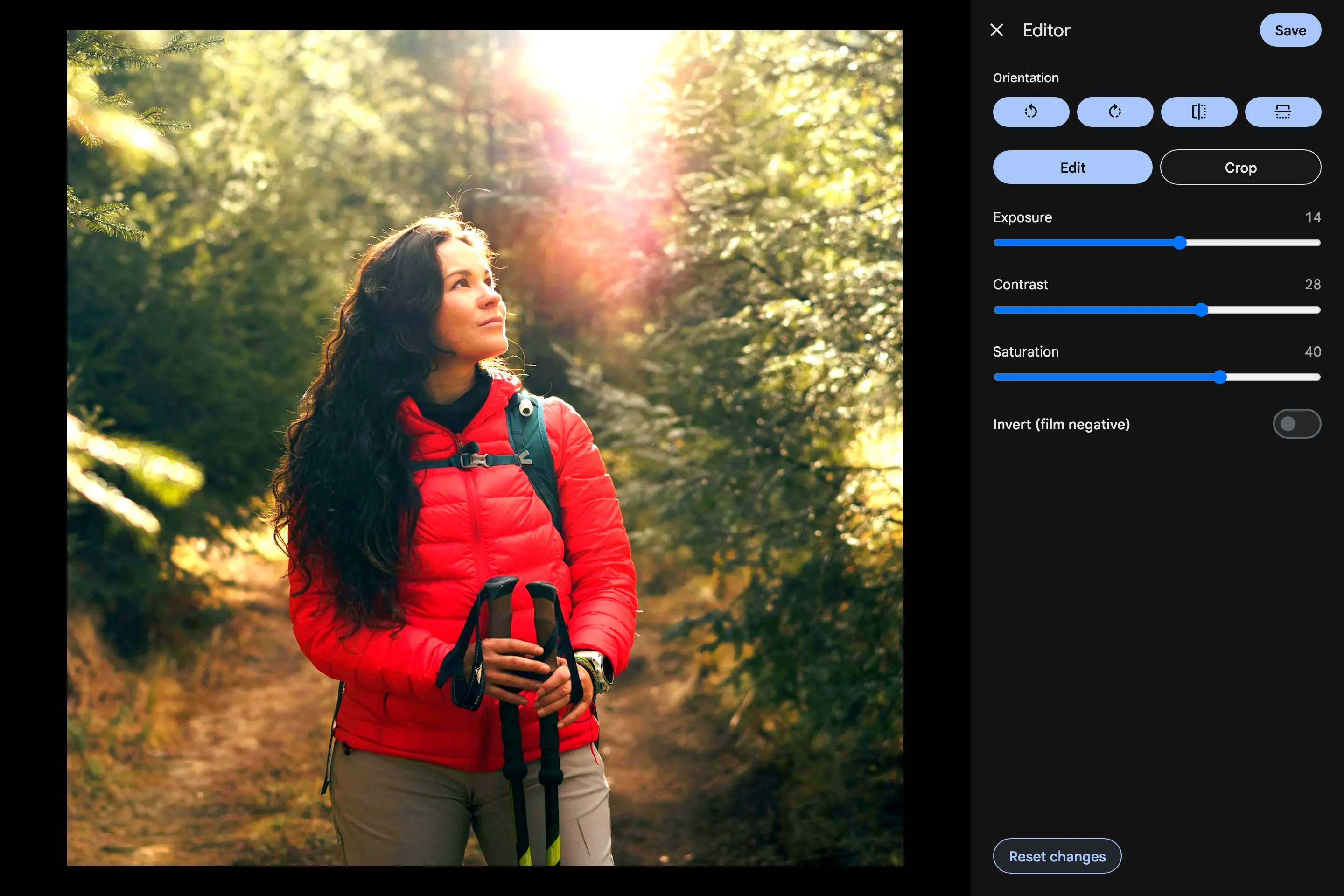 The Gallery image editor with the Adjust tool open: exposure, contrast and saturation raised on a photo of a hiker in a sunlit forest
