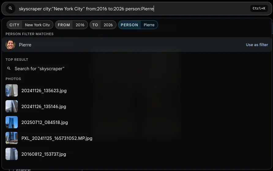 Search palette showing location-aware results and filter-style suggestions in the command search interface