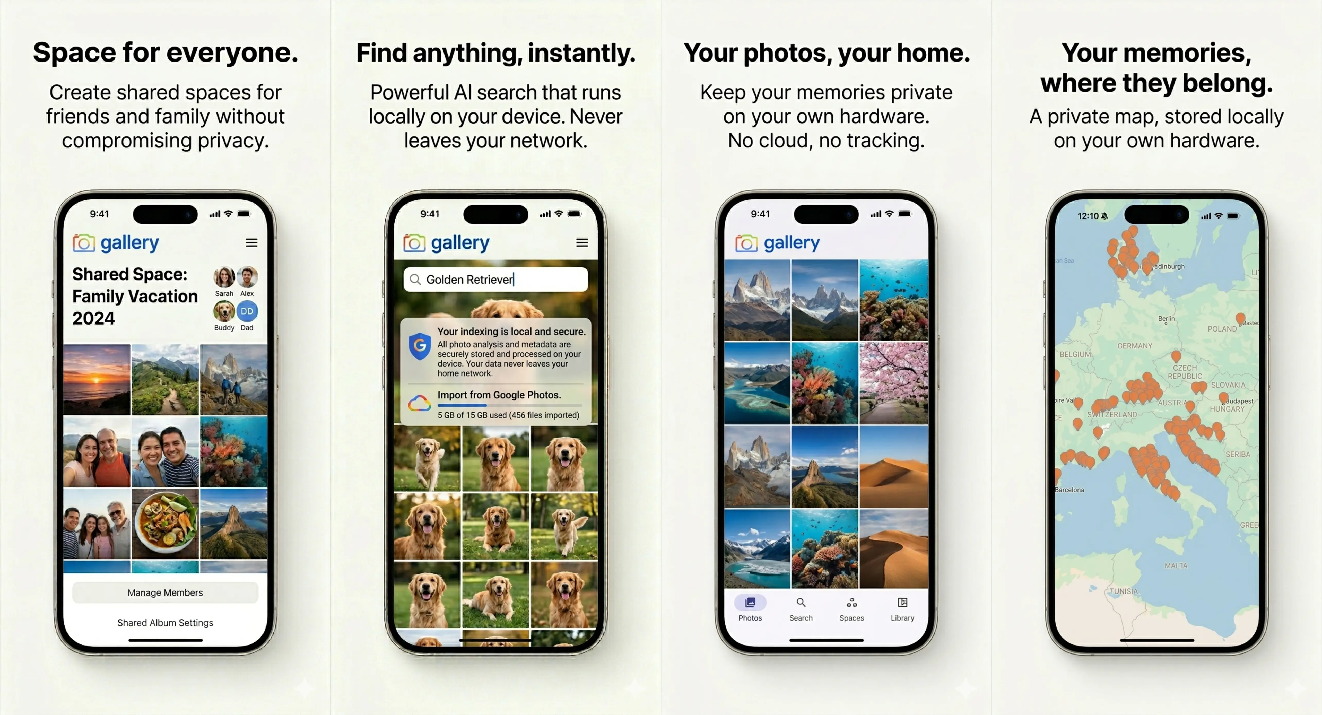 Four Noodle Gallery app screenshots side by side: Shared Spaces with a Family Vacation timeline and member avatars; on-device smart search for 'Golden Retriever' with a local-indexing privacy callout; a four-column timeline grid of landscape photos; and a private map of Western Europe with photo clusters.