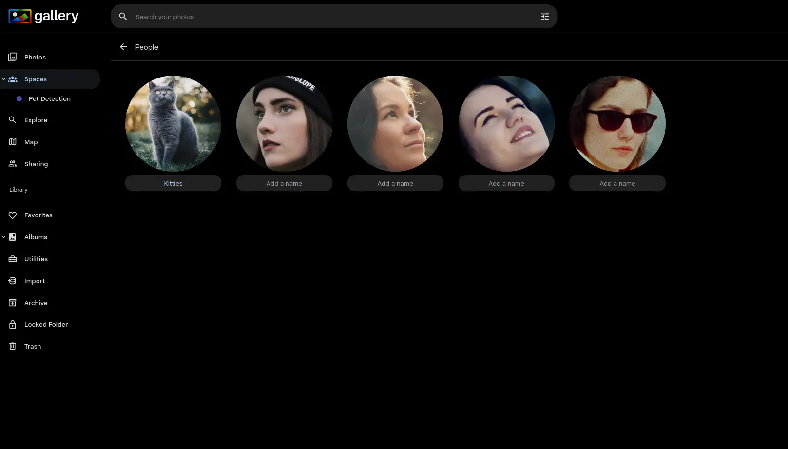 People page showing detected pets alongside human faces