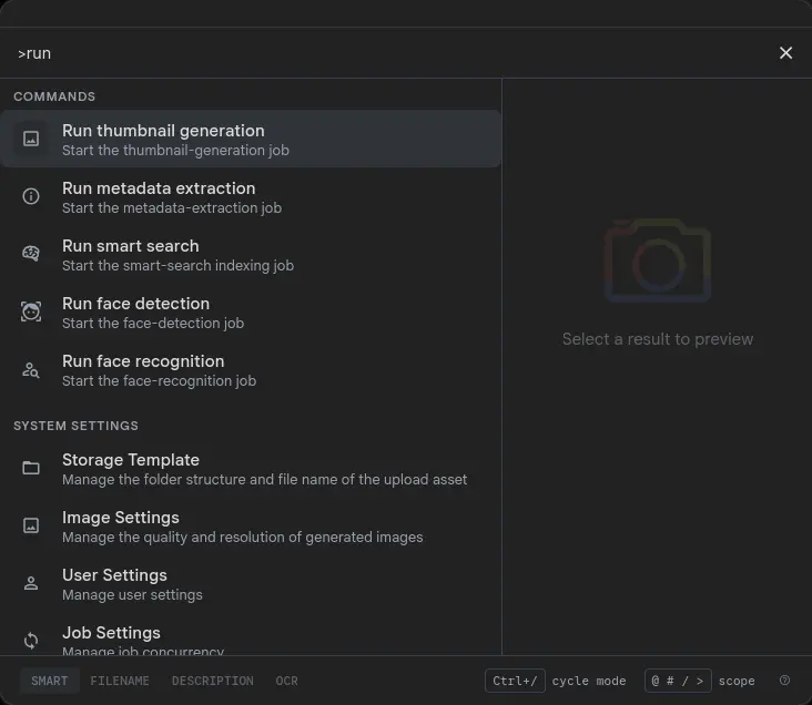 Search palette with '>run' typed into the input, showing the five admin Run commands — Run thumbnail generation (highlighted as Top result), Run metadata extraction, Run smart search, Run face detection, Run face recognition — followed by matching System Settings navigation entries