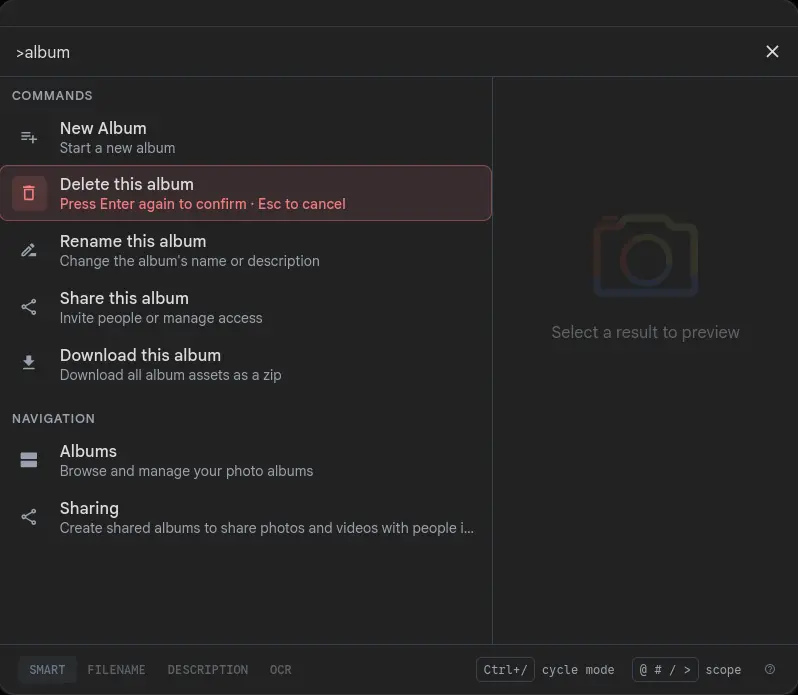 Search palette open on an album page with '>album' typed into the input, showing a Commands section with New Album, Delete this album (armed in red with 'Press Enter again to confirm · Esc to cancel' hint), Rename this album, Share this album, and Download this album, plus an Albums and Sharing Navigation section below