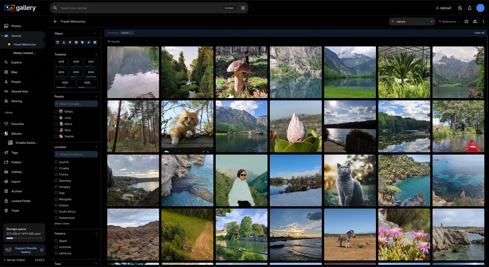 Smart search in a Travel Memories space returning nature photos with the sort dropdown visible in the top bar