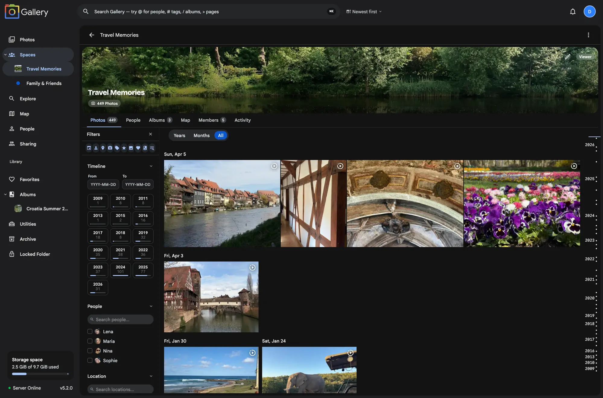 Travel Memories shared space with cover photo, the Photos / People / Albums / Map / Members / Activity tabs, filters panel, and a photo timeline of European travel