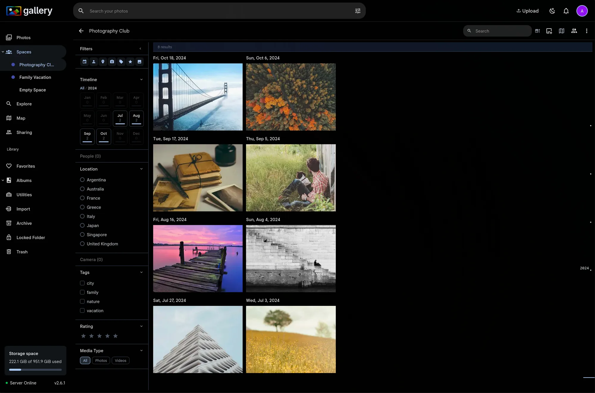 Filter panel with year 2024 selected showing narrowed location suggestions, collapsed People (0) and Camera (0) sections, and month grid with photo counts