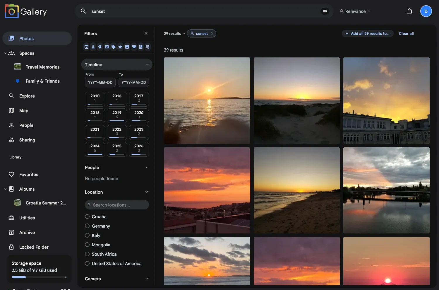 A CLIP search for 'sunset' showing 29 results, with the filter panel's year grid and location list narrowed to only the years and places that have matching photos
