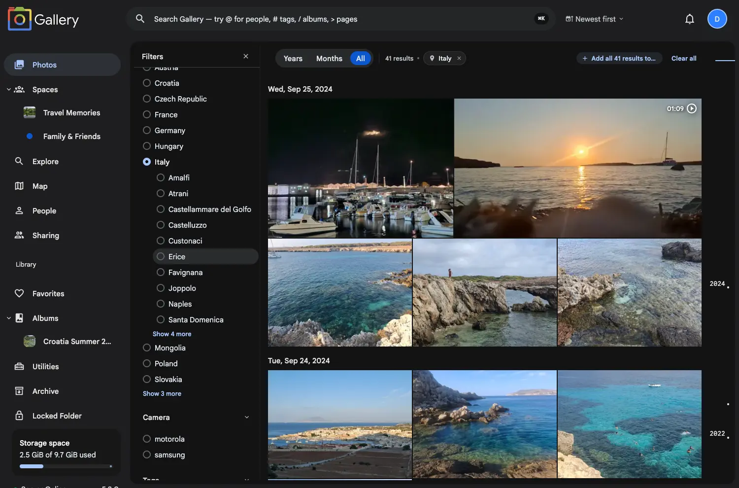 The Photos view filtered to Italy, showing 41 results with the filter panel revealing Italian cities, a narrowed camera list, and an 'Add all 41 results' action
