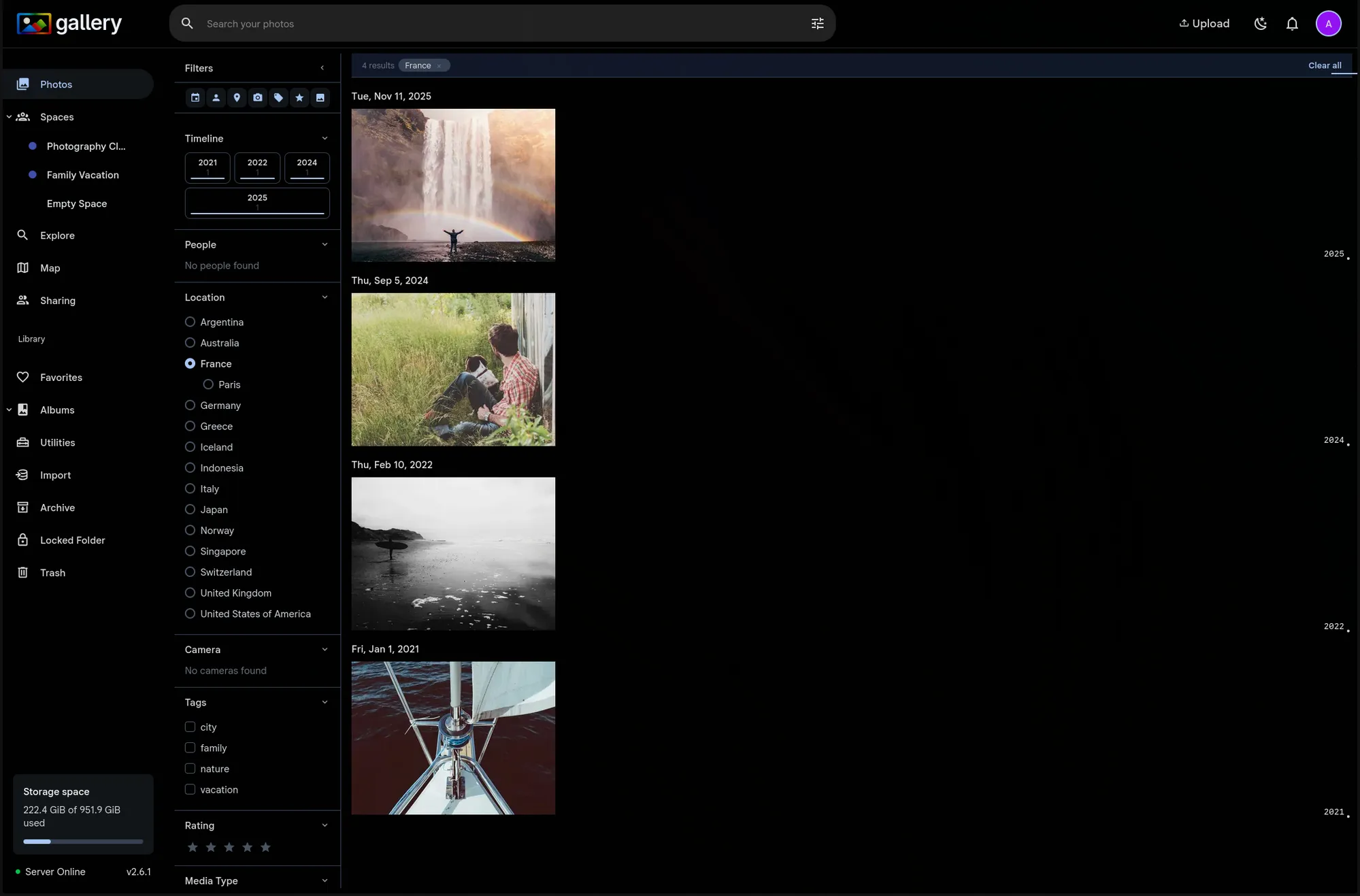 Photos page with filter panel showing France selected, timeline filtered to 4 results across multiple years