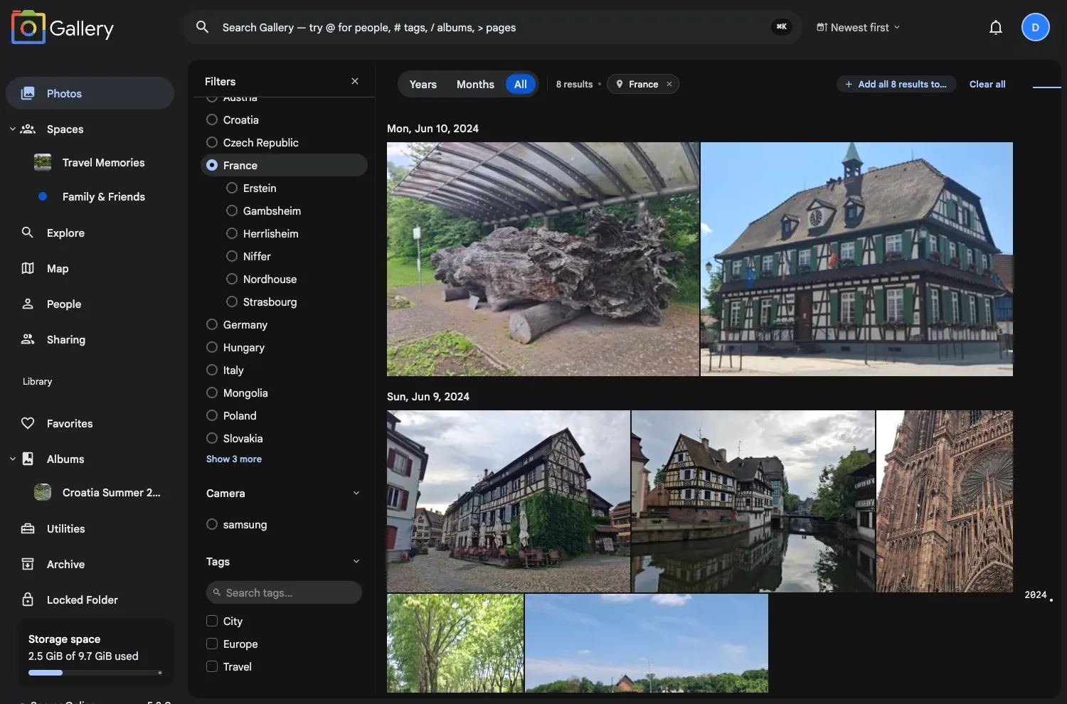 The Photos page filtered to France, showing 8 results with French cities revealed in the location filter and the timeline narrowed accordingly