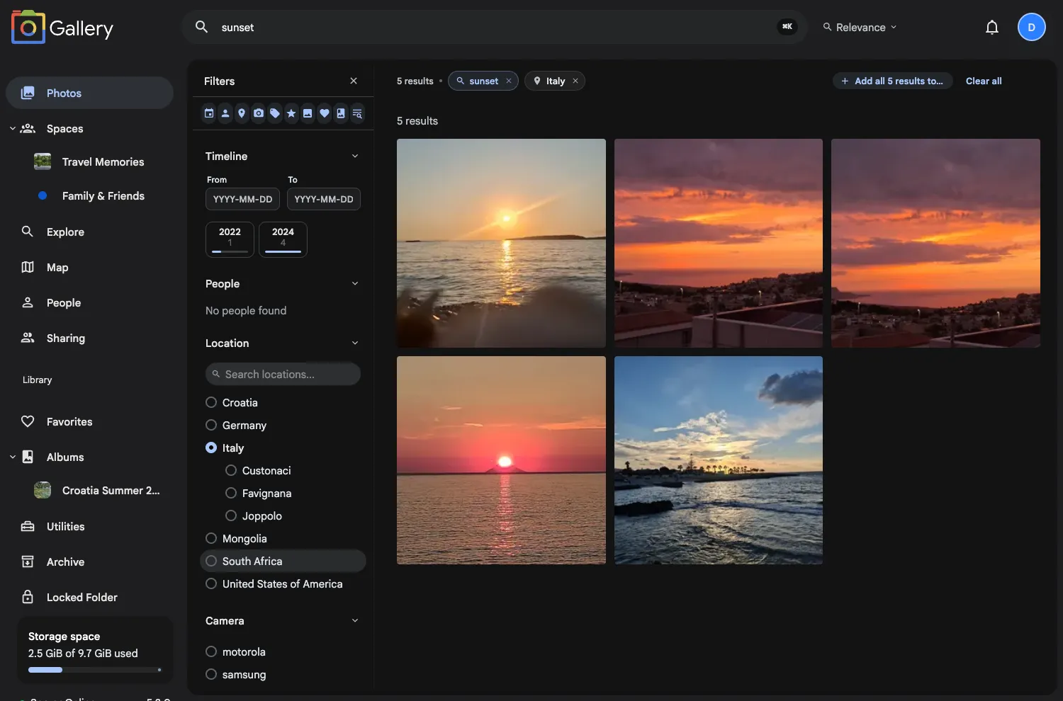 A CLIP search for 'sunset' combined with the Italy location filter, narrowed to 5 results — both filter chips shown and the timeline reduced to just 2022 and 2024
