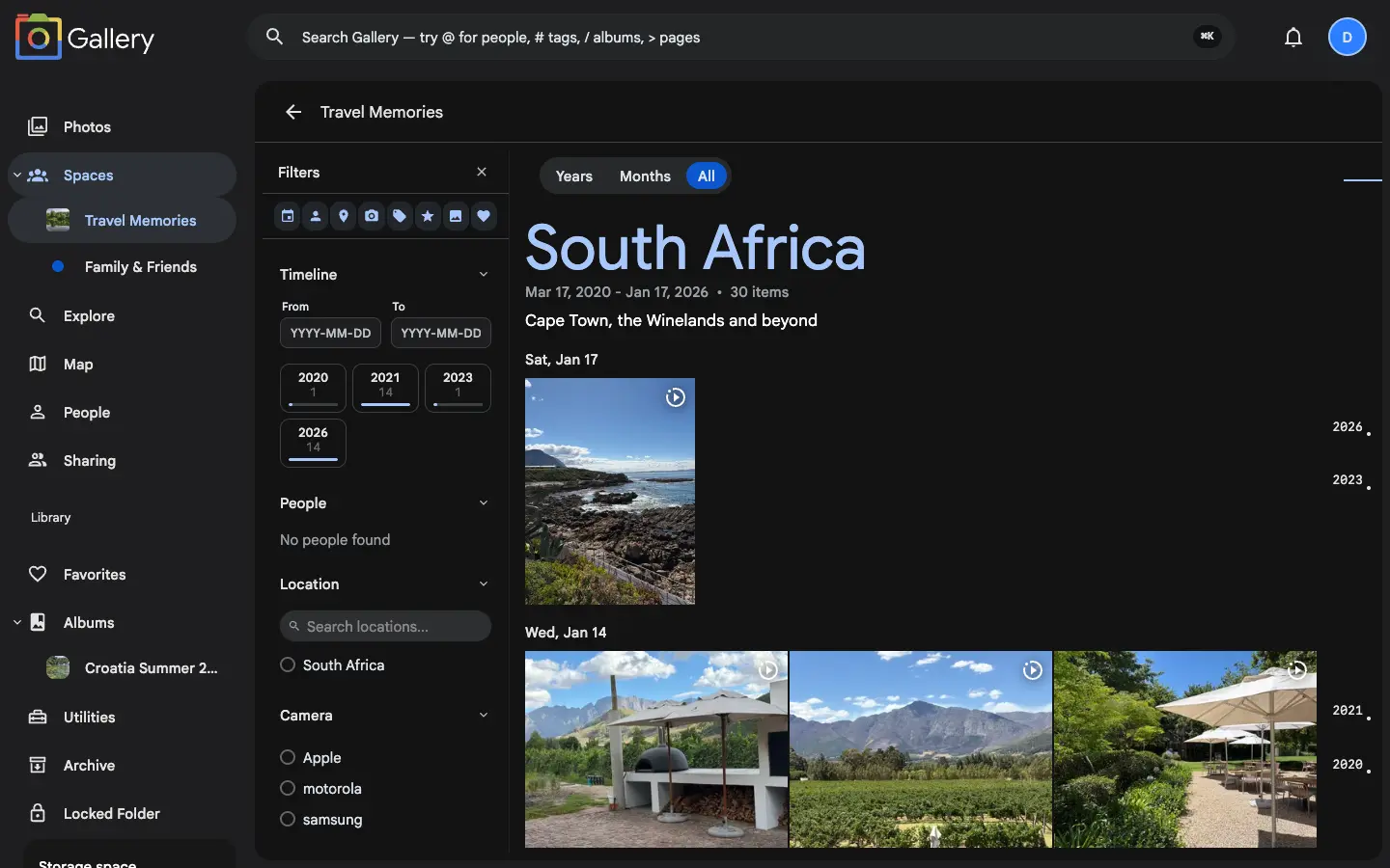 The South Africa album opened inside the Travel Memories Shared Space, showing its own titled timeline, date range, item count, description, and the full filter panel