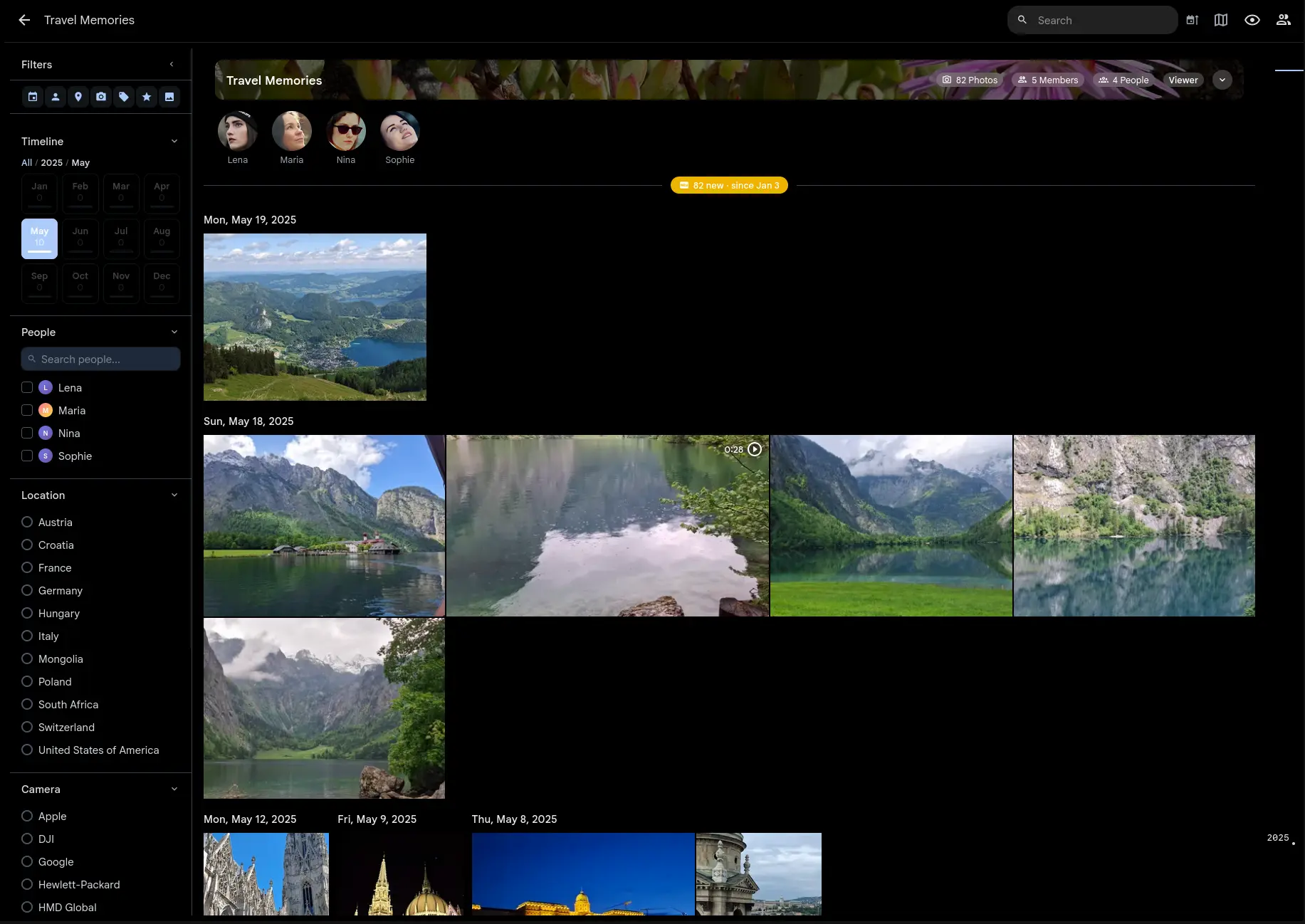 Space timeline filtered by date with filter panel showing timeline, people, location, and camera filters