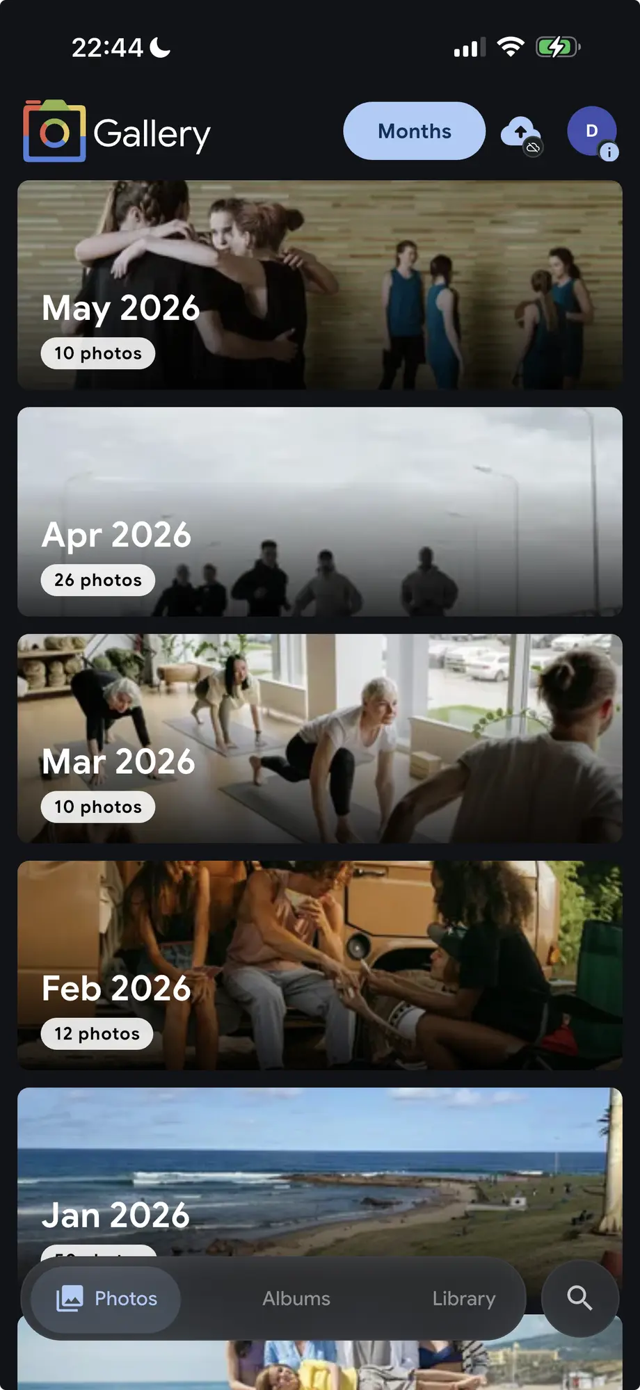 Noodle Gallery mobile app in Months grouping mode showing May 2026, Apr 2026, Mar 2026, Feb 2026, and Jan 2026 as large cover-photo cards