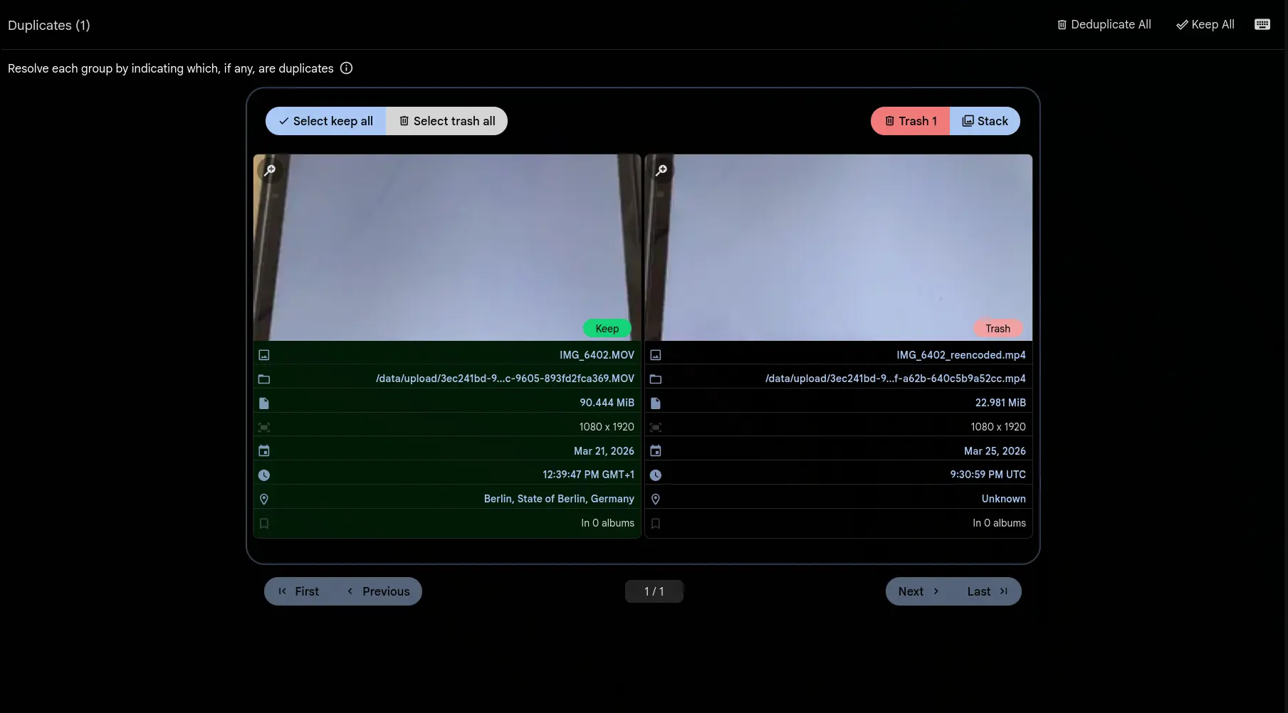 Duplicates page showing a 90 MiB HEVC original and a 23 MiB H.264 re-encode detected as duplicates with Keep and Trash actions
