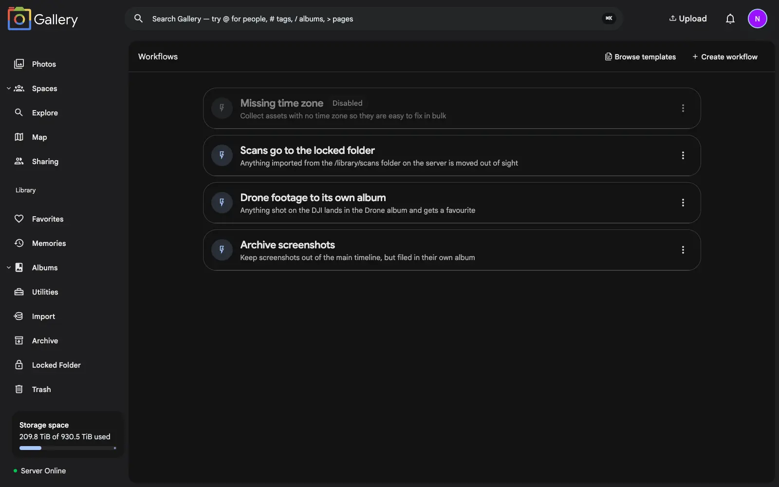 The Workflows page in Gallery, listing four saved automations